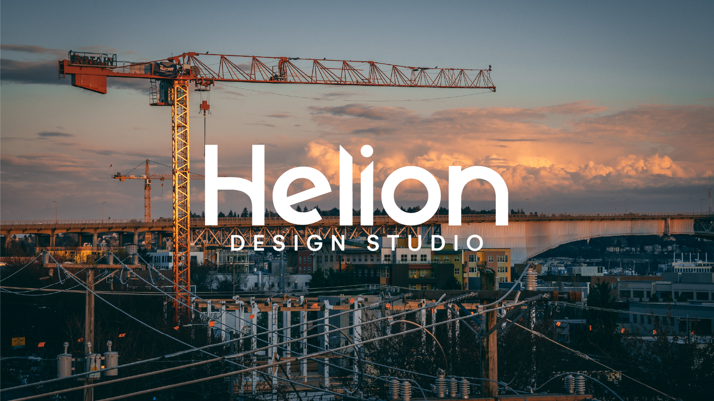 Helion interior design and development logo displayed in white over a modern city and architectural background.